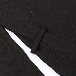 Ribbed solid long sleeve turnover collar slit v neck midi dress