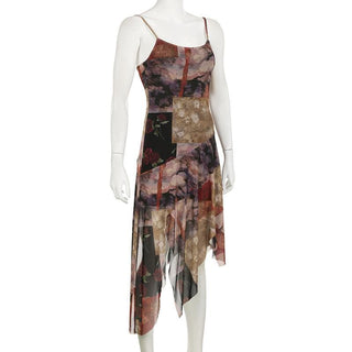 U neck ruffle irregular patchwork print cami midi dress