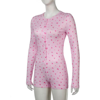 Long sleeve crewneck button flower print romper
