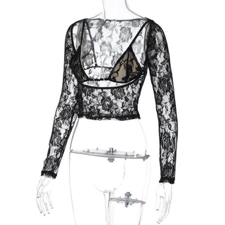 Long sleeve hollow out contrast lace 2 piece cut out top
