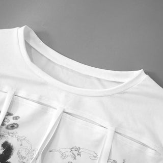 Hollow out crewneck short sleeve self tie print cut out top
