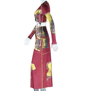 Long sleeve v neck button stitch print maxi skirt set