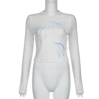 Bowknot contrast long sleeve crewneck top