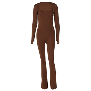 U neck long sleeve solid shrug 2 piece cami jumpsuit