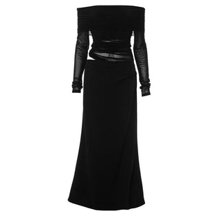 Off shoulder long sleeve mesh patchwork ruched hollow out maix dress