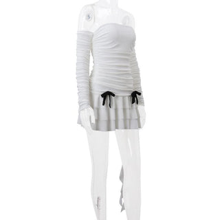 Long sleeve off shoulder ruched bowknot backless ruffle mini dress