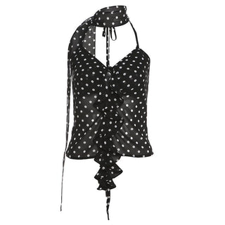 Halter polka dot ruffle chiffon 2 piece see through top
