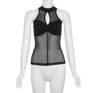 High neck ruched hollow out mesh zip-up tank cut out top