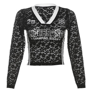 V neck long sleeve lace letter print see through top