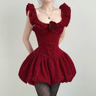Glitter velvet ruffle flower applique 2-way cami mini dress