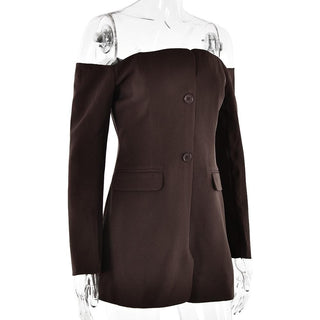 Long sleeve off shoulder button pocket mini dress