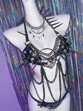 Halter o ring PU leather rivet metal chain mini skirt set