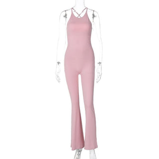 U neck cross back solid backless cami jumpsuit