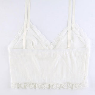 Hem lace self tie ribbed crop cami top