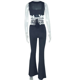 Zip-up self tie ribbed square neck solid pant set