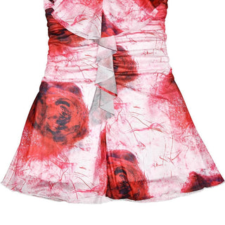 Halter ruffle rose print ruched backless cami mini dress