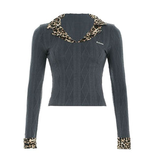 Long sleeve leopard print turnover collar textured top