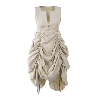 Drawstring sleeveless zip-up solid ruched mini dress-final-sale