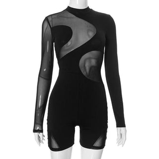 Long sleeve zip-up mesh patchwork crewneck romper