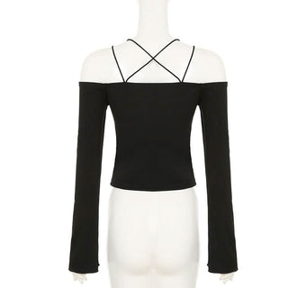 Off shoulder long sleeve self cross back button top