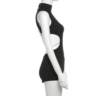 Sleeveless high neck button backless romper