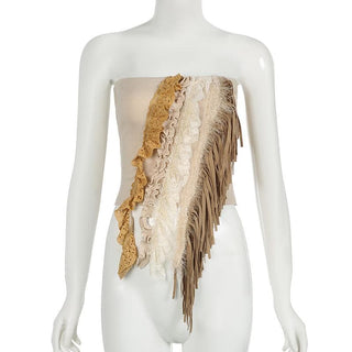 Lace hem backless tassels ruffle tube top