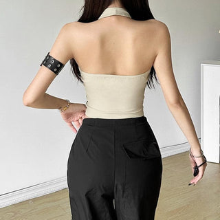 Halter button â€œ99â€ pattern contrast backless crop top