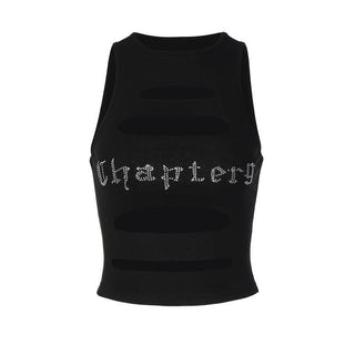 Sleeveless crewneck hollow out beaded contrast crop cut out top