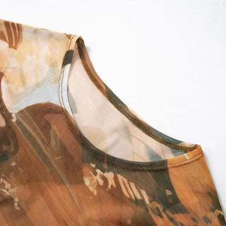 Long sleeve crewneck print sheer mesh pant set