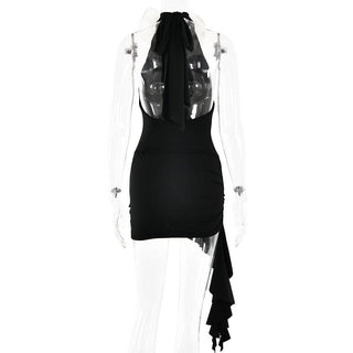 Halter ruched flower applique ruffle mini dress
