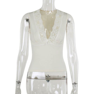 Lace hem deep V neck bowknot solid top