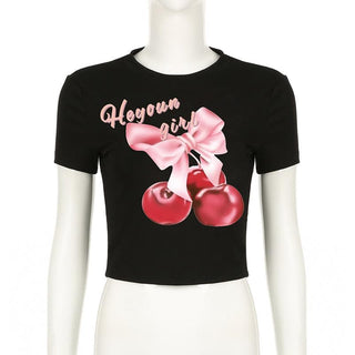 Short sleeve cherry print crewneck crop top