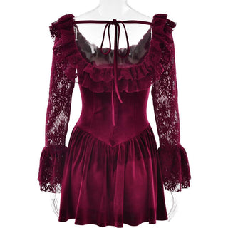 Long sleeve lace velvet self tie mini dress