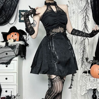 Halter ruffle hollow out lace hem cut out mini dress