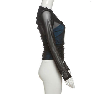 Long sleeve ruched mesh patchwork top