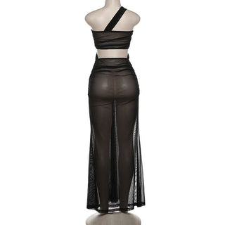 One shoulder mesh hollow out cut out maxi dress