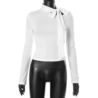 Hollow out bowknot self tie long sleeve solid cut out top