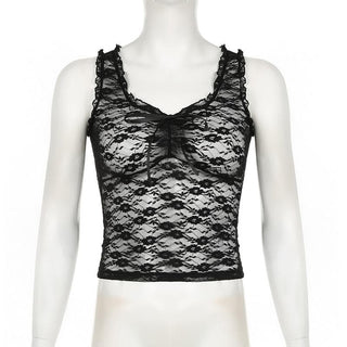 U neck ruffle lace bowknot see through crop top