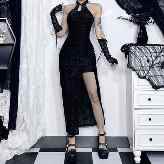 Hollow out halter self tie slit print cut out midi dress