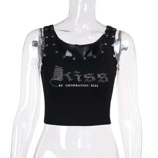 Letter pattern beaded u neck tank top