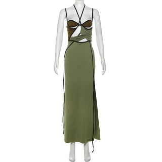 Halter contrast hollow out slit cami cut out midi dress