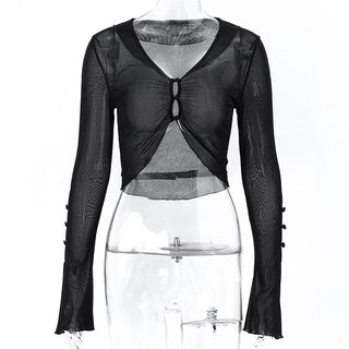 Sheer mesh see through button hollow out long sleeve crop cut out top
