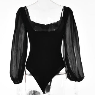 Solid v neck long sleeve mesh backless bodysuit