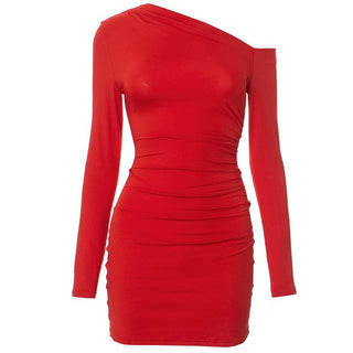Long sleeve one shoulder ruched mini dress