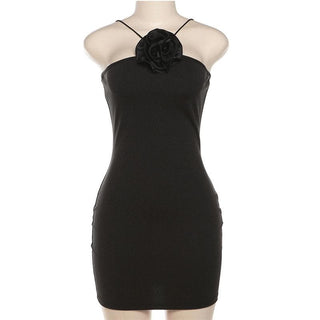 Flower applique solid sleeveless backless mini dress