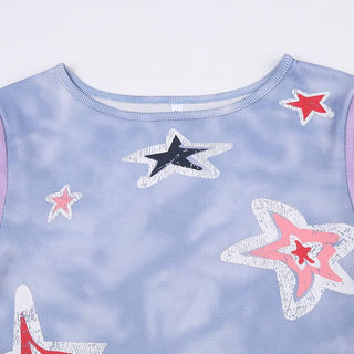 Ruffle star pattern contrast cap sleeve tie dye crop top