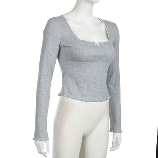 Square neck long sleeve bowknot ruffle top