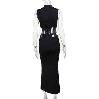 Sleeveless crewneck flower applique backless maxi dress