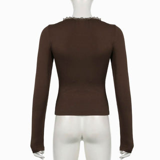 V neck long sleeve lace hem ruched bowknot top