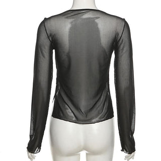 Long sleeve v neck sheer mesh self tie slit top